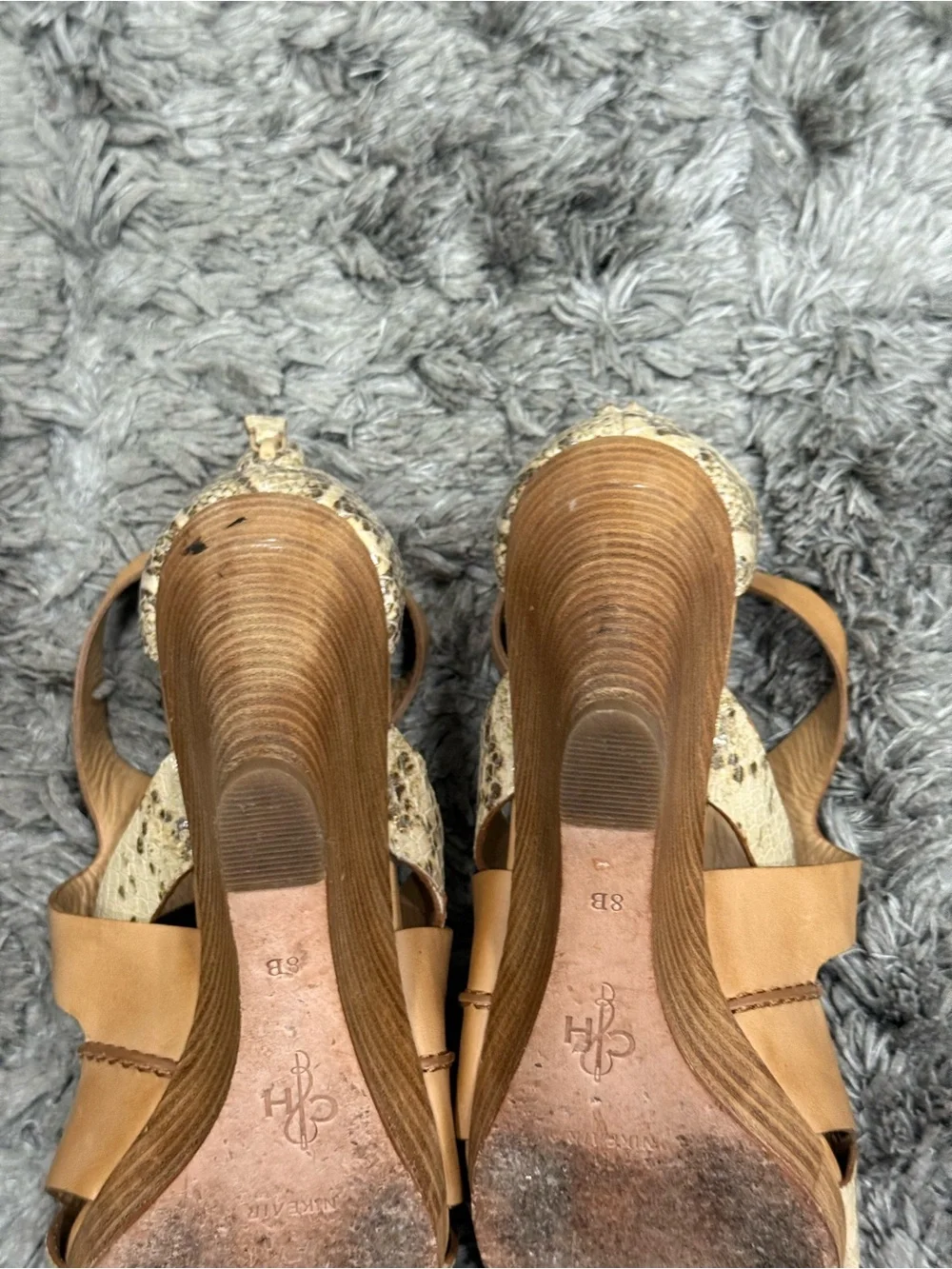 Cole Haan Air Kimry Nudge Tan Beige Leather Snake Print Wedge Sandals Shoes